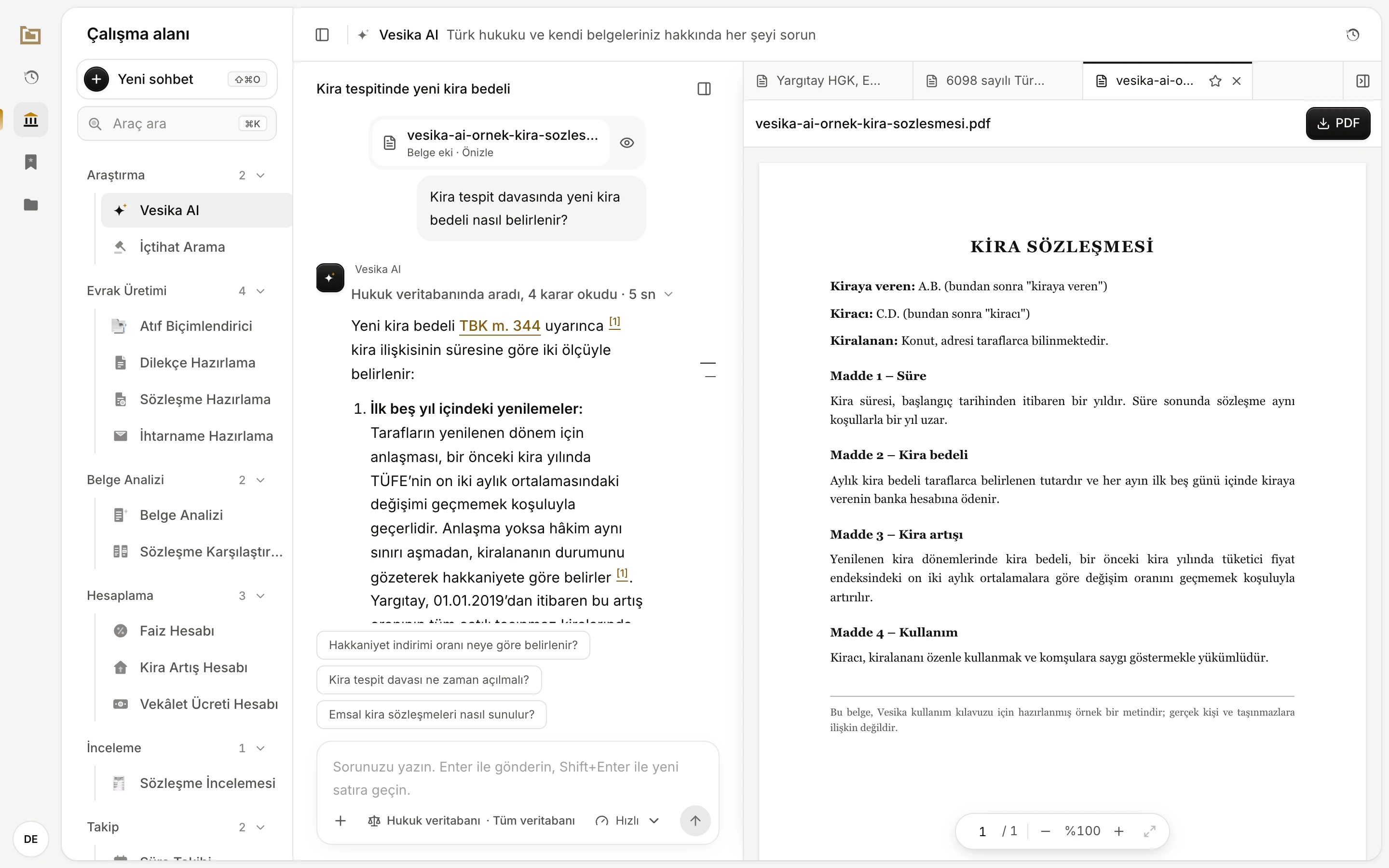 Eklenen PDF'in yan paneldeki önizlemesi: dosya adı, PDF indirme düğmesi ve sözleşmenin ilk sayfası