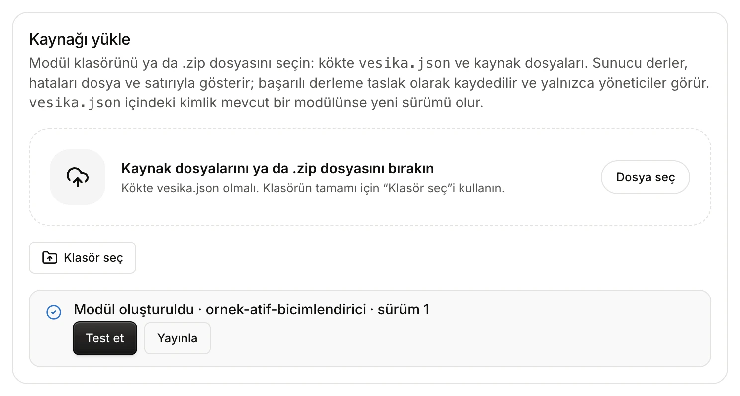 Başarılı derlemeden sonra Modül oluşturuldu bildirimi, Test et ve Yayınla düğmeleri