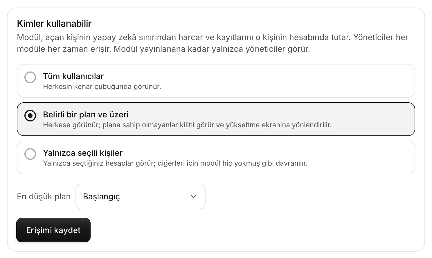 Kimler kullanabilir bölümü: Tüm kullanıcılar, Belirli bir plan ve üzeri (seçili) ve Yalnızca seçili kişiler seçenekleri, En düşük plan listesi ve Erişimi kaydet düğmesi