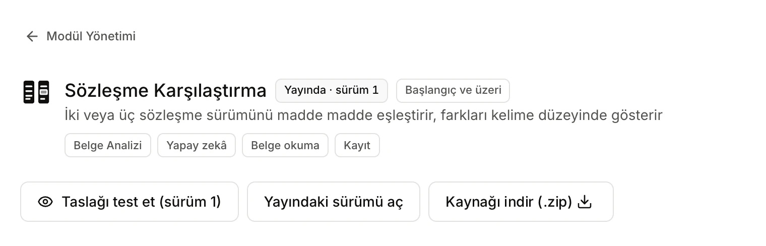 Yayındaki bir modülün ayar sayfasının üstü: Yayında · sürüm ve Başlangıç ve üzeri etiketleri, Yayındaki sürümü aç düğmesi